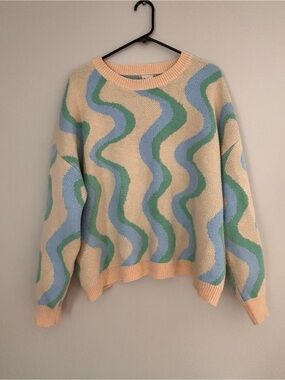 Altar'd State Cream Crewneck Sweater with Blue & Green Wave